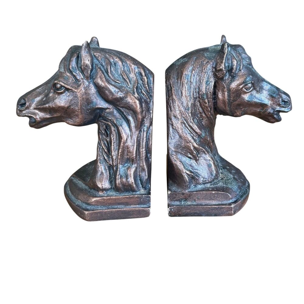 Vintage Plaster Horse Head Small Bookends Bronze Paint Finish Equestrian Western